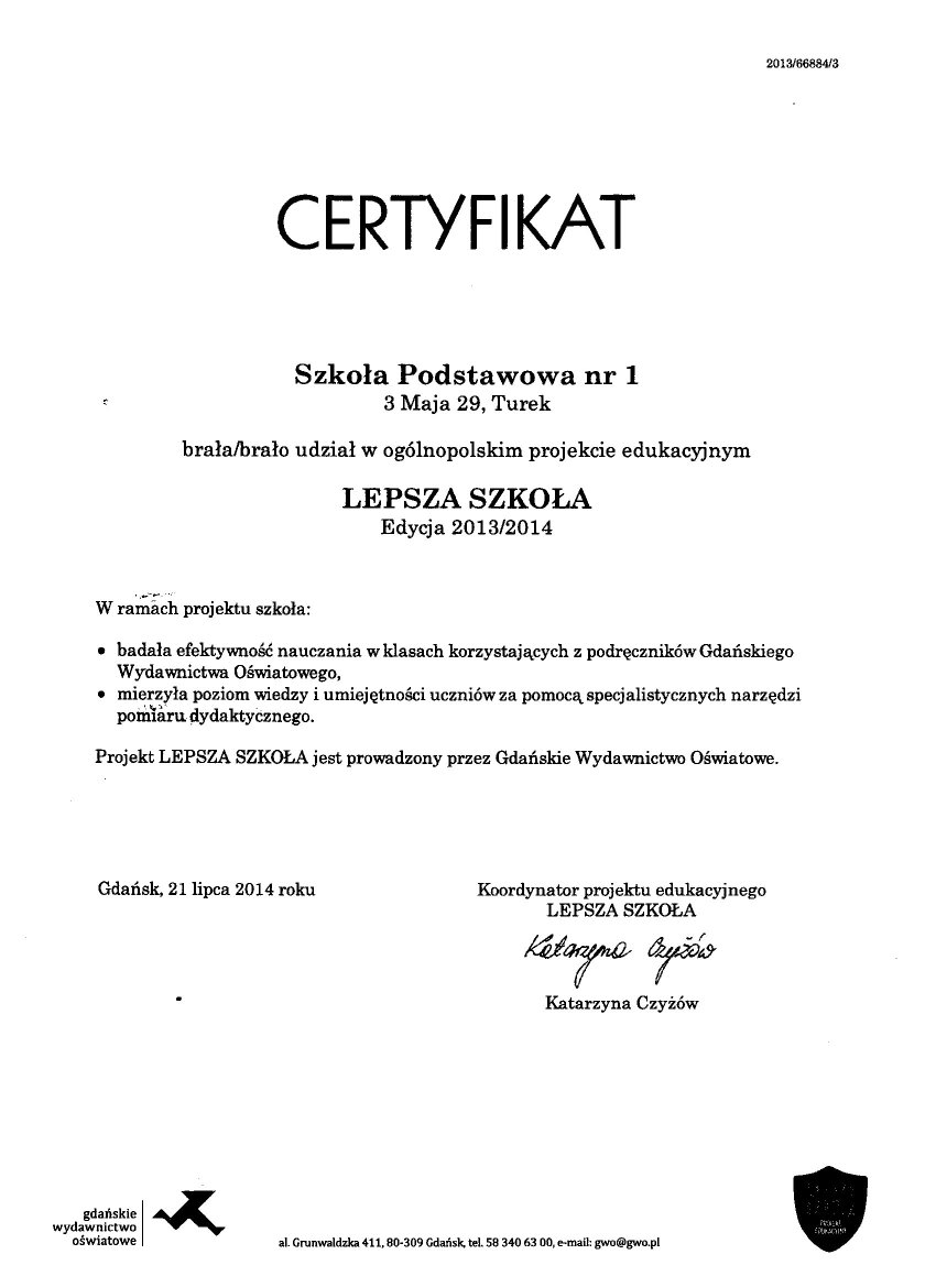 Certyfikat - Lepsza szkoła